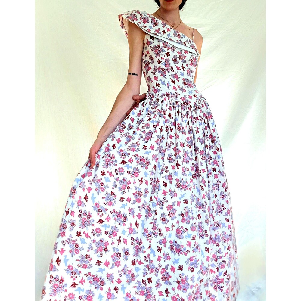 Vtg 1940s Novelty Print Cotton Formal Gown: One Shoulder Floral Maxi Dress S/M - Picture 3 of 14